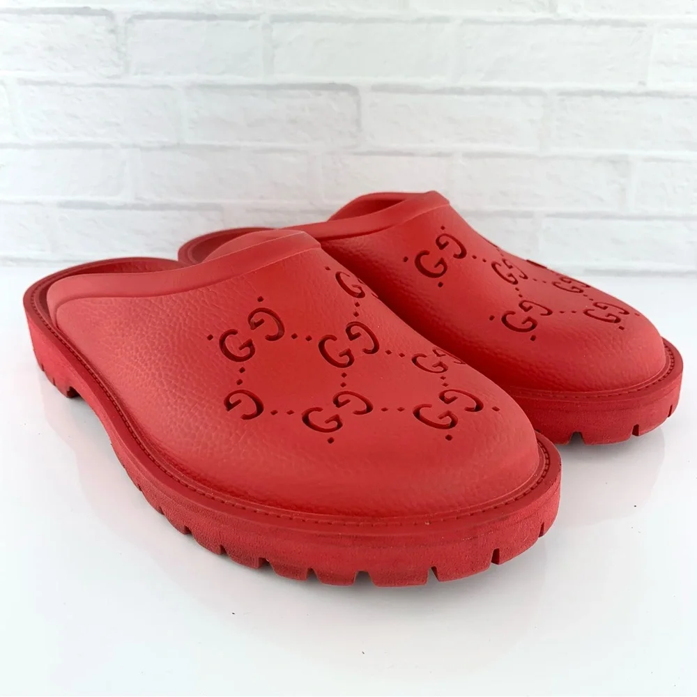 Authentic GUCCI GG Red Rubber Slip On Mens Sandal/Clog/Mules Size US 6